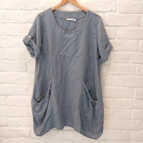 Vasna Italian 100% Linen Lagenlook Dress Large Pullover Pockets Blue Beach - Picture 1 of 9